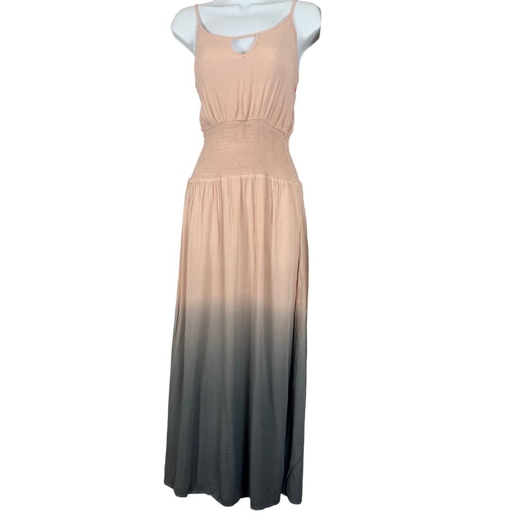 Peach/Pink Grey Ombre Smocked Waist Maxi Dress Spaghetti Strap Keyhole Size S